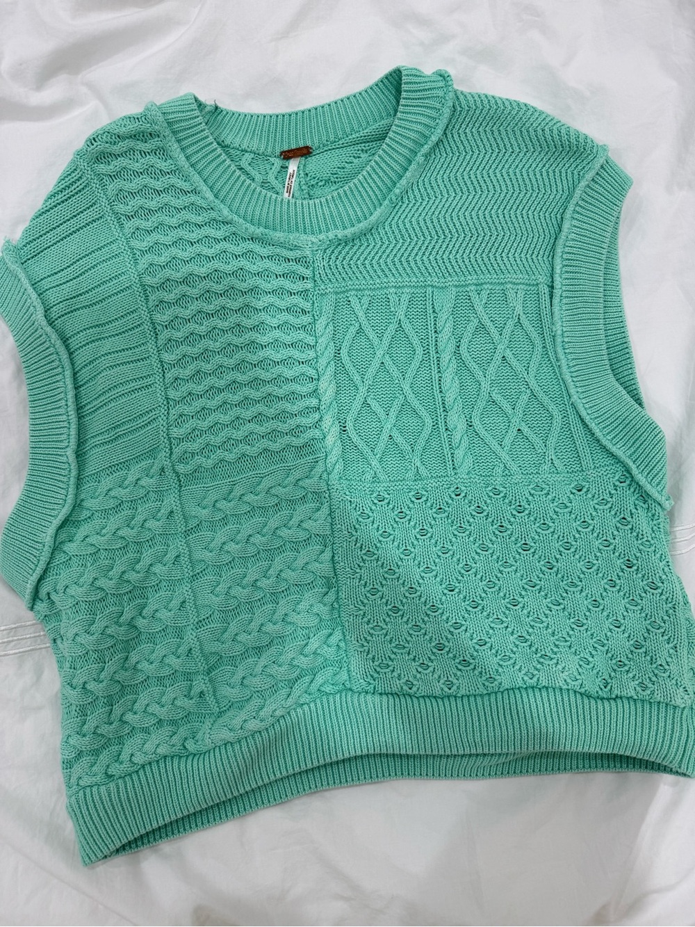 Free People Mint Green Patchwork Cable Knit Sleeveless Sweater Vest